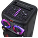 Black speaker with purple LED lights on a white background