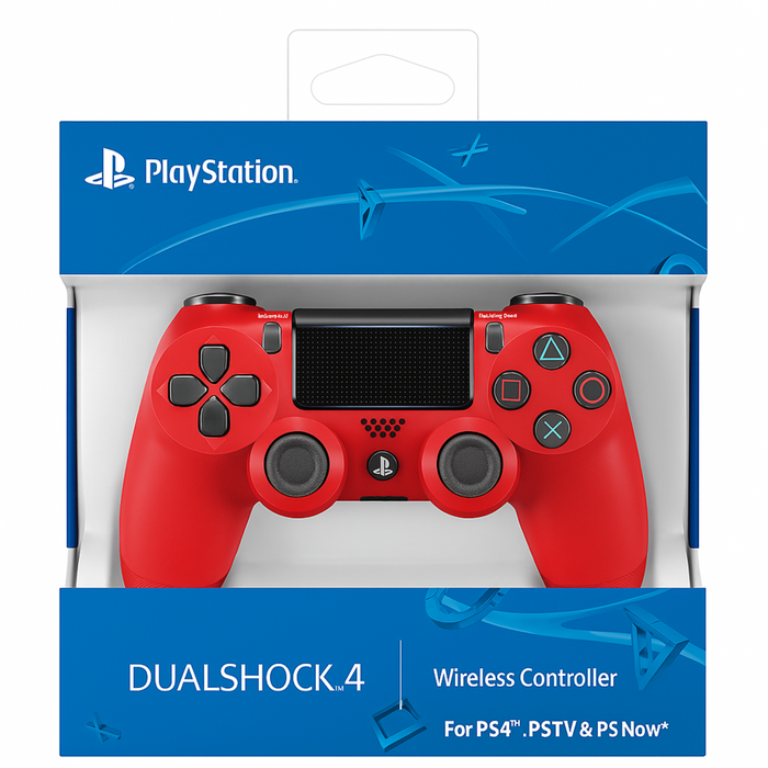 Red PlayStation DualShock 4 wireless controller packaging on a white background