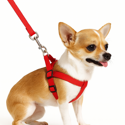 Small dog wearing a red harness and leash on a white background