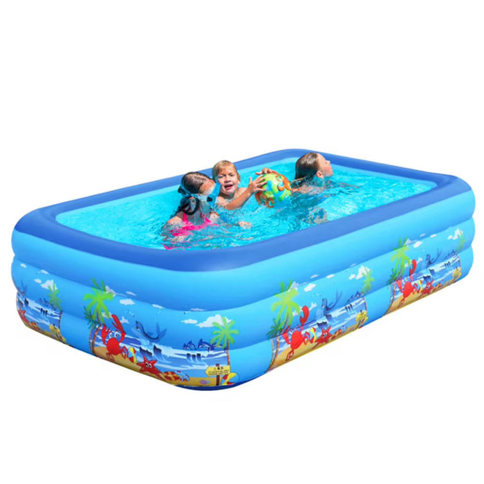 Children playing in an inflatable pool with a colorful design on a white background