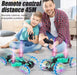 Man and child playing with remote control toys on a wooden floor.