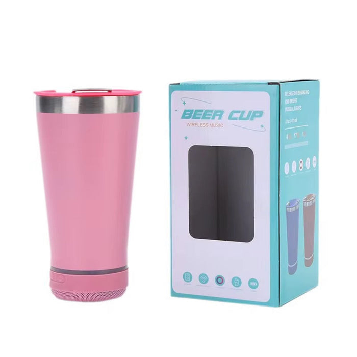 Pink beer cup with Bluetooth speaker next to its packaging on a white background