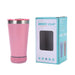 Pink beer cup with Bluetooth speaker next to its packaging on a white background