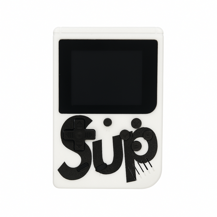 Small electronic device with a black screen and 'SUP' text on a white background