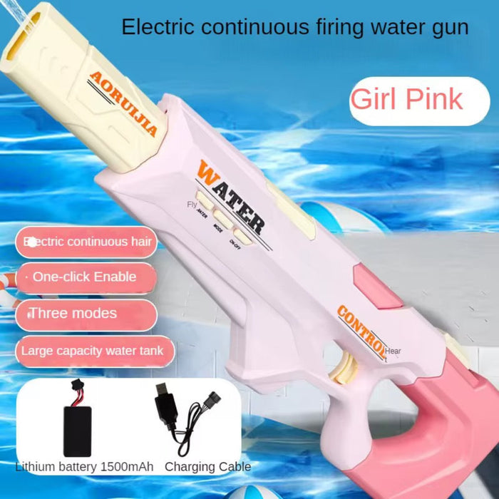 Pink water gun with AORULUJA branding on a blue water splash background