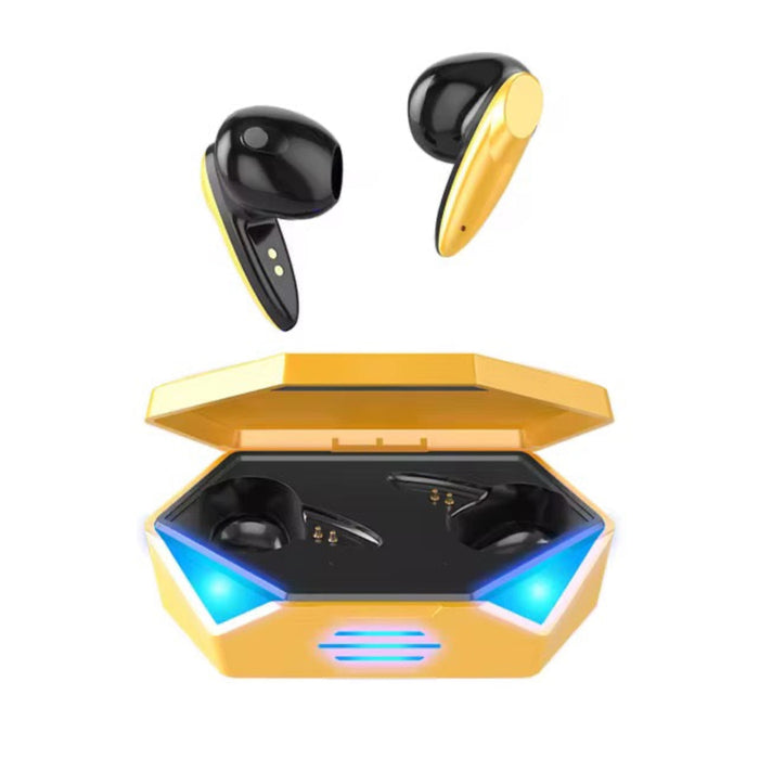 Wireless earbuds with a charging case on a white background