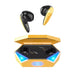 Wireless earbuds with a charging case on a white background
