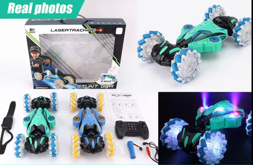 Stunt car with packaging and additional car parts on a white background