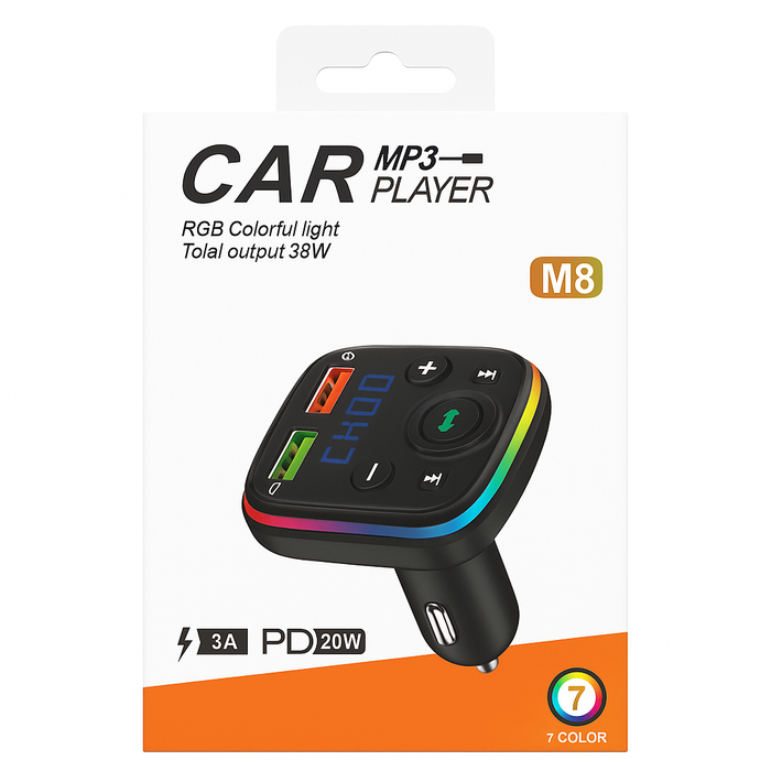 M8 RGB Car MP3 Player with Bluetooth, USB-C PD 20W, Dual USB Ports, and 7-Color LED