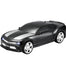 Black toy car with white stripes on a white background