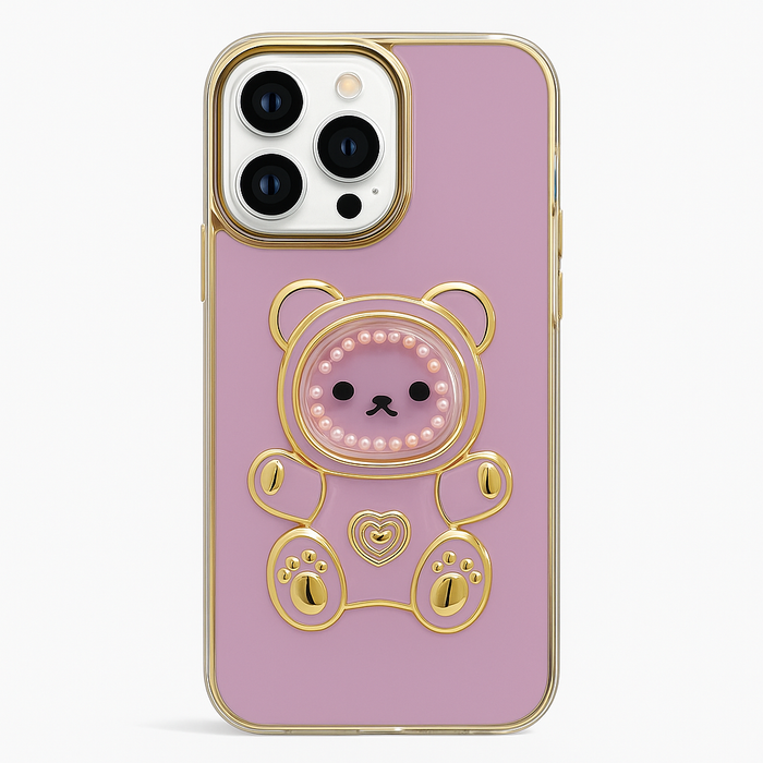 Teddy Bear Kickstand Case for iPhone 16 Pro Max – Glossy Finish with Gold Trim & Pearl Details