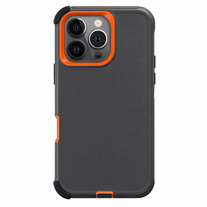Black phone case with orange accents on a white background