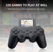 Black gaming controller with screen displaying games, text '520 GAMES TO PLAY AT WILL' above.