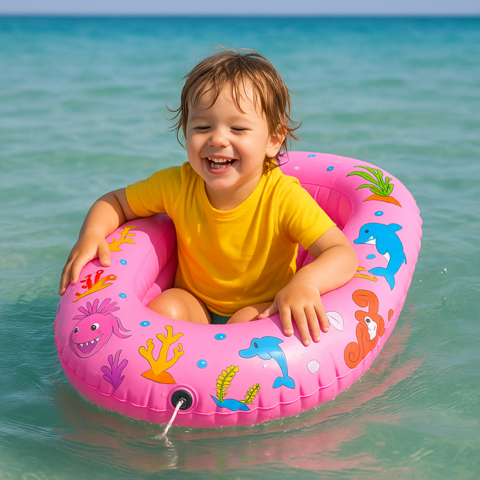 Child in a pink inflatable ring with cartoon designs in clear blue water
