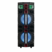 Black speaker with blue and green lights on a white background