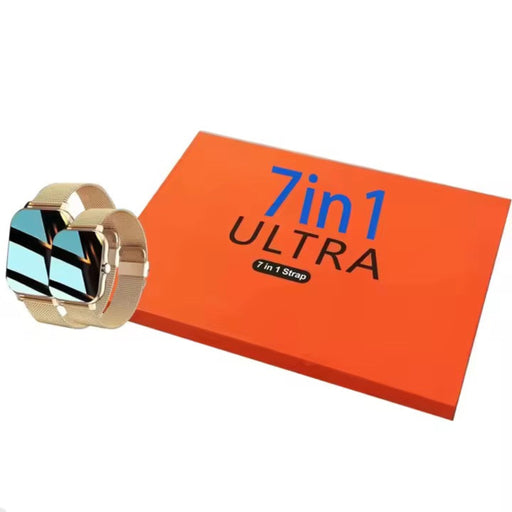 Smartwatch with a gold band on an orange card labeled '7in1 Ultra' on a white background