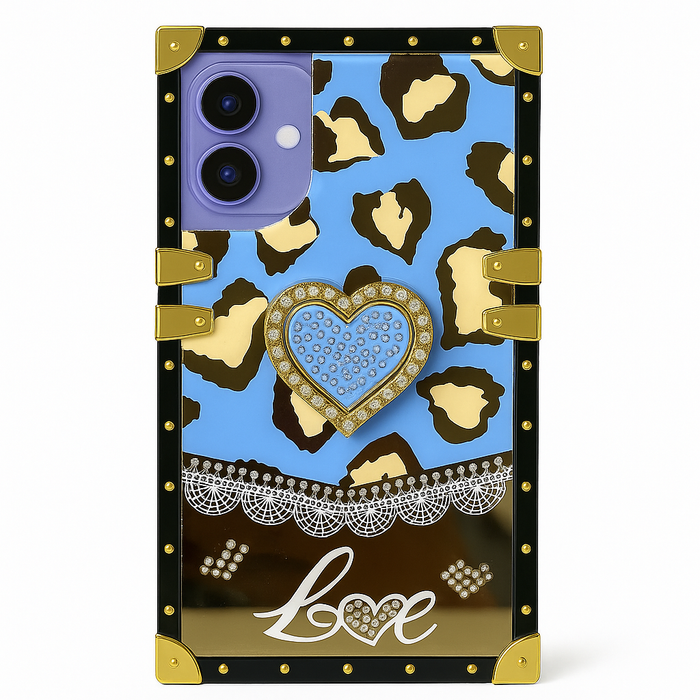 Luxury Leopard Heart Mirror Case for iPhone 16 – Kickstand, Ring Grip, 6 Colors