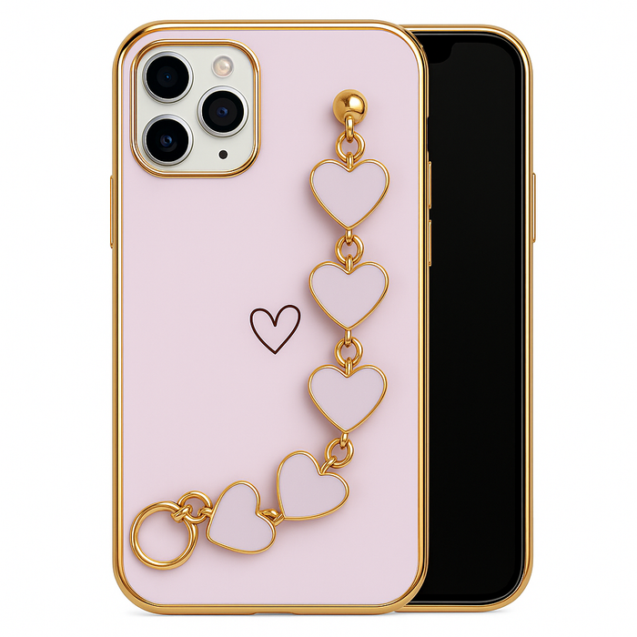 iPhone 11 Pro Max Case – Gold Heart Charm Chain (Black & Pink)