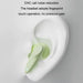 White earbud with green accent on a gray background, featuring text about noise reduction and touch operation.