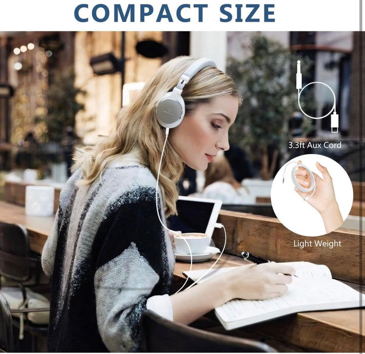 Woman wearing headphones in a cafe with product features highlighted