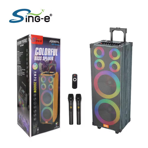 Sing-e colorful bass speaker with packaging and remote control on a white background