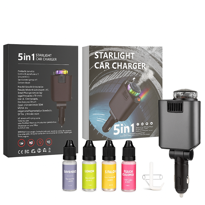 5-in-1 Starlight Car Charger with LED Light, Perfume Diffuser, Fast Charging & Dual USB