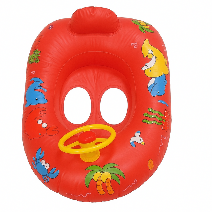 Red inflatable pool float with cartoon characters on a white background