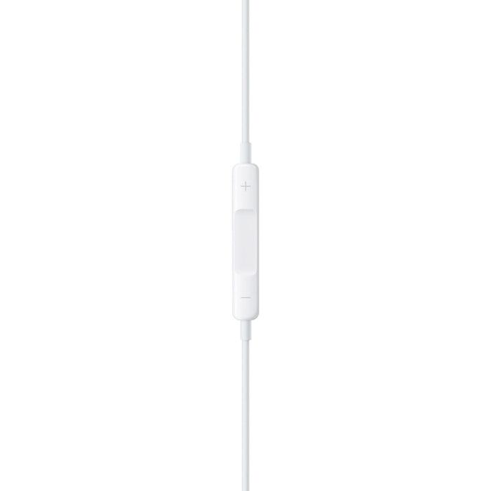 White earbud with control and mic on a white background