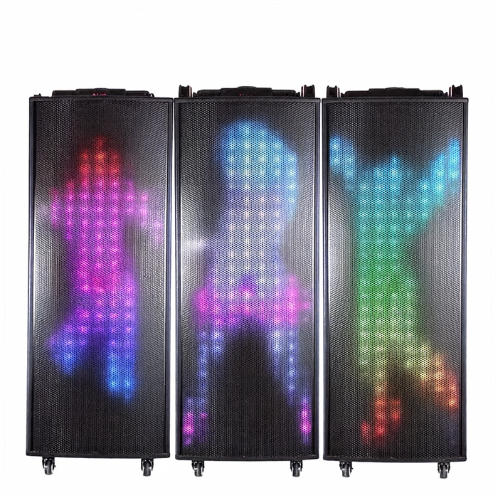 Three LED panels with colorful light patterns on a white background