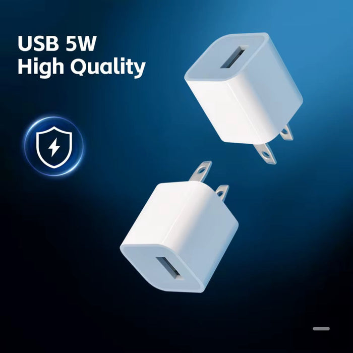 Two USB chargers on a dark blue background with 'USB 5W High Quality' text.