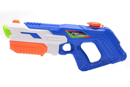 Toy water gun with blue, white, and orange design on a white background
