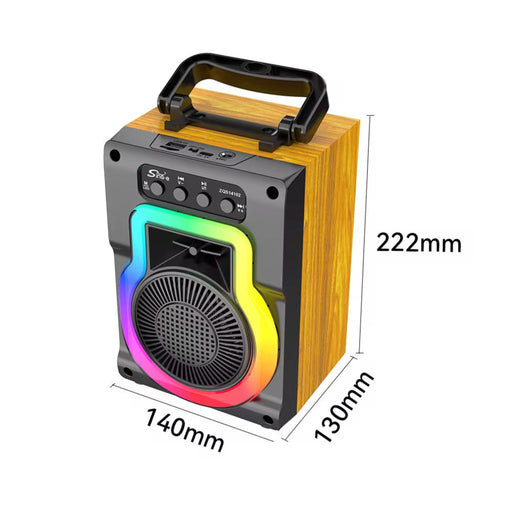 Portable speaker with wooden design and RGB lighting, showing dimensions on a white background.
