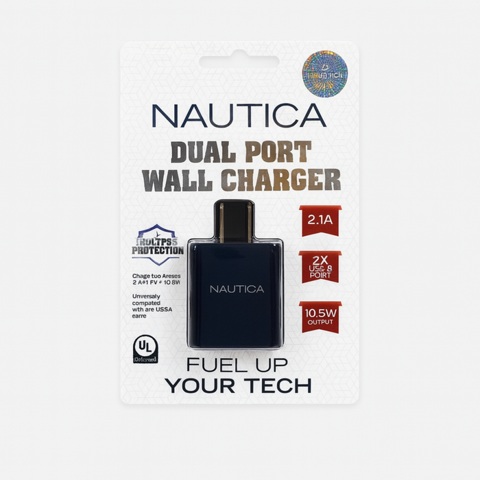 Nautica Dual Port USB Wall Charger – 2.1A, Dual USB-A Output, 10.5W – Universal Compatibility