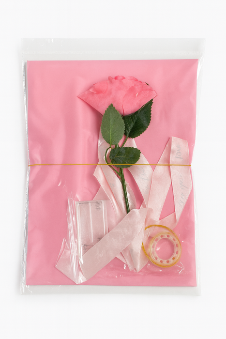 Pink rose with packaging on a white background