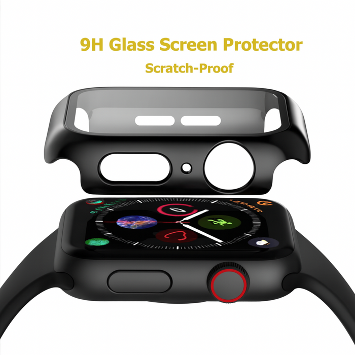 Smartwatch with a 9H glass screen protector on a white background
