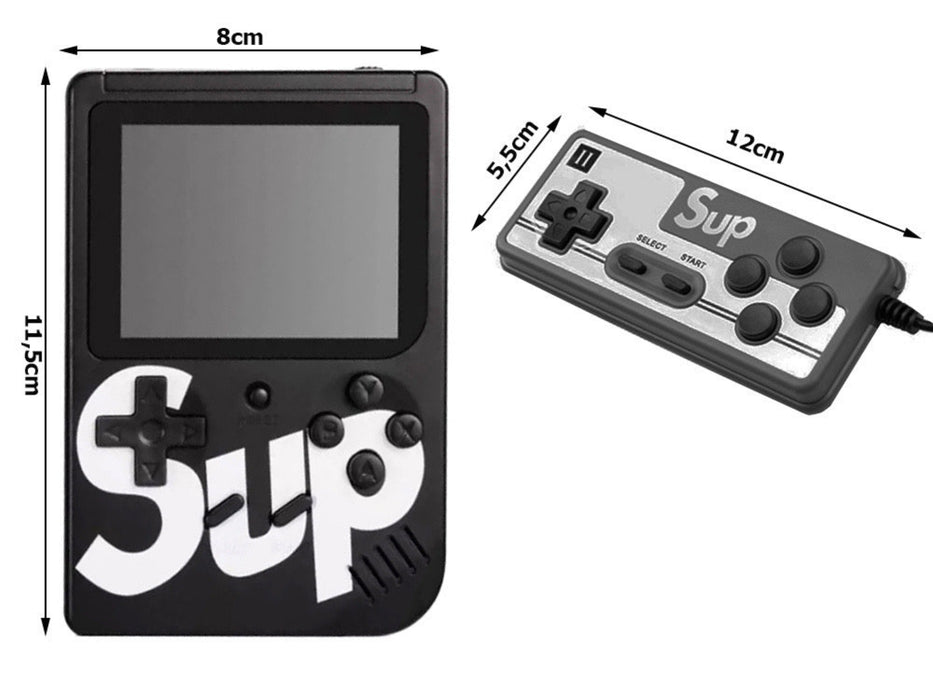 Handheld game console with 'Sup' branding, showing dimensions on a white background.