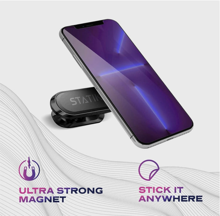 Phone with a magnetic吸附器 on a white background, featuring the brand 'STATICO'.
