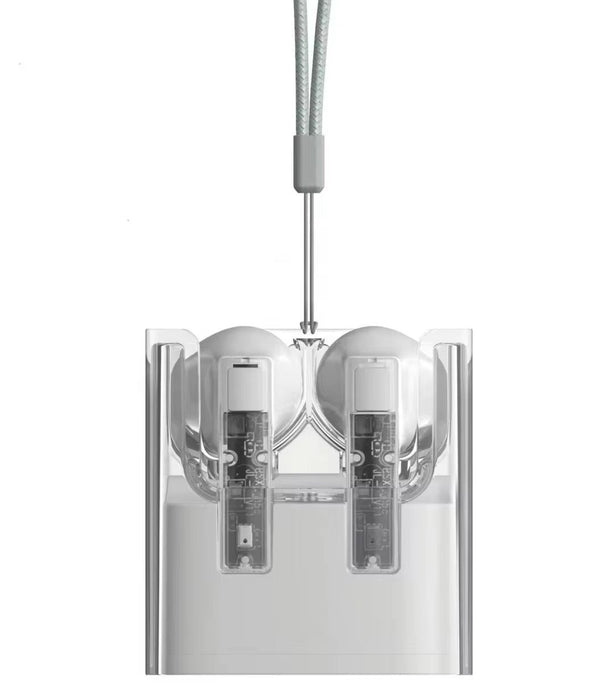 Modern pendant light fixture with clear glass shades on a white background