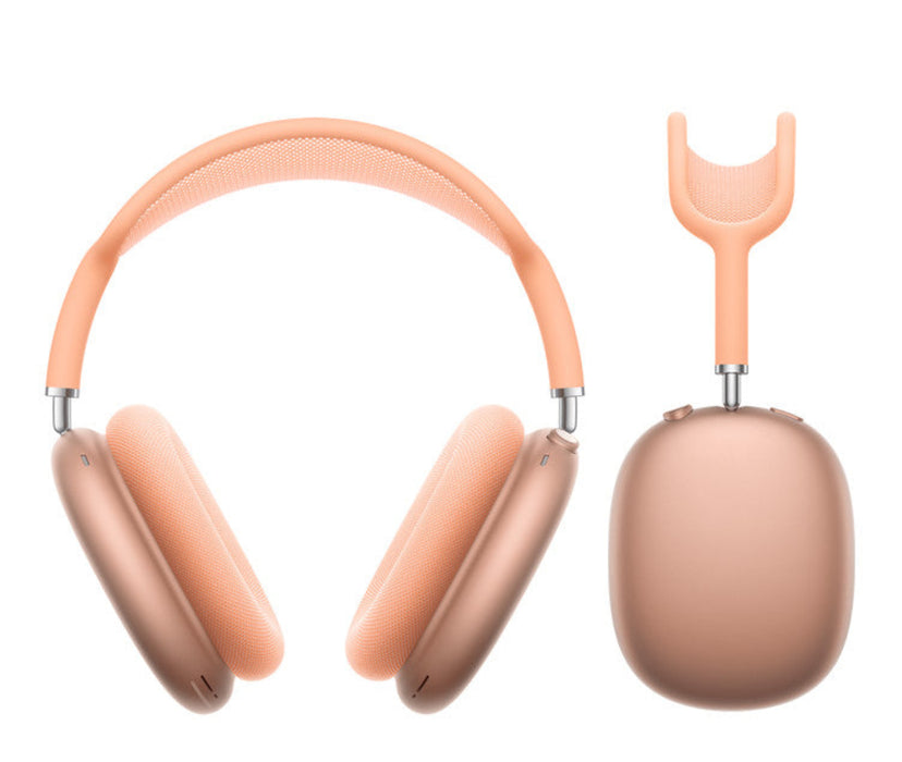 Rose gold headphones with a charging case on a white background