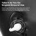 White wireless earbud with text on a dark background