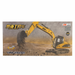 Model excavator on a desert landscape with branding and text