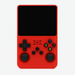 Red handheld game console with black screen and buttons on a white background