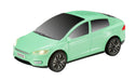 Green toy car with black wheels on a white background