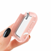 Pink smartwatch case held by a hand with black nail polish on a white background