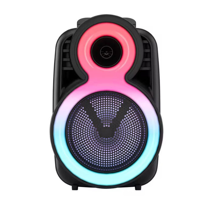 Portable speaker with colorful LED lighting on a white background