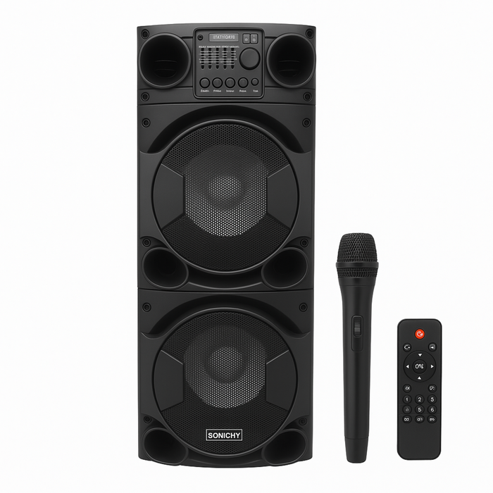 Black speaker system with microphone and remote control on a white background