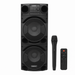Black speaker system with microphone and remote control on a white background