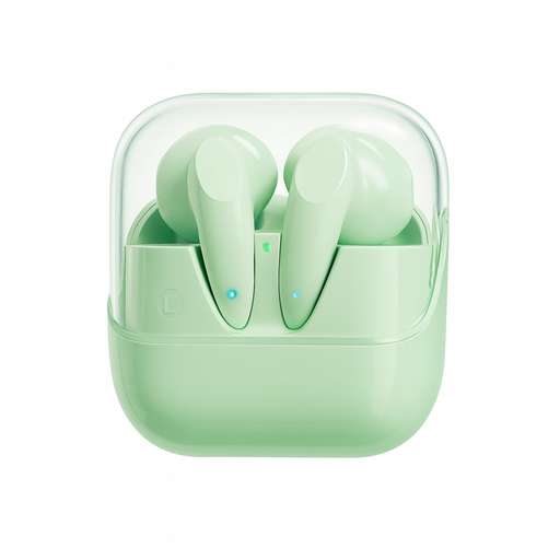 Green wireless earbuds in a transparent charging case on a white background