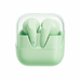 Green wireless earbuds in a transparent charging case on a white background