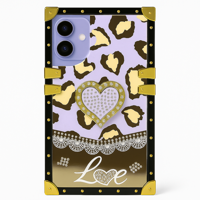 Luxury Leopard Heart Mirror Case for iPhone 16 – Kickstand, Ring Grip, 6 Colors